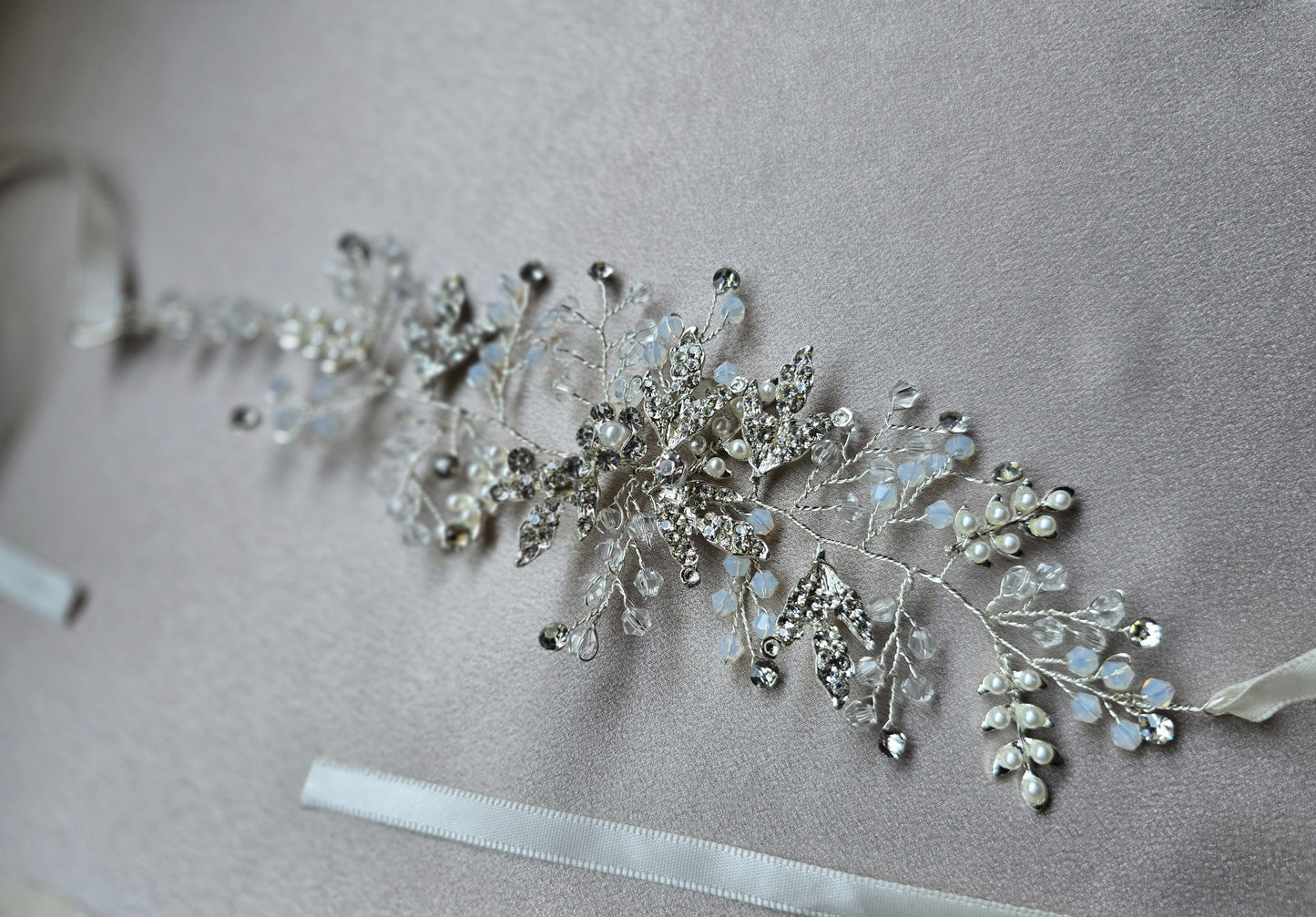 bridal hair piece, jewellery, silk tie off