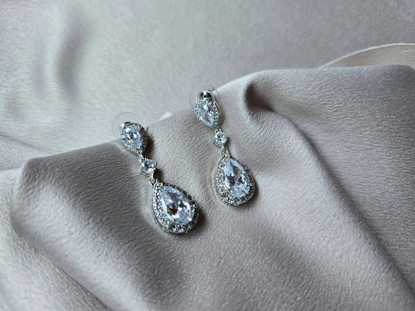 bridal earrings, silver rhodium plated a-grade cubic zirconia