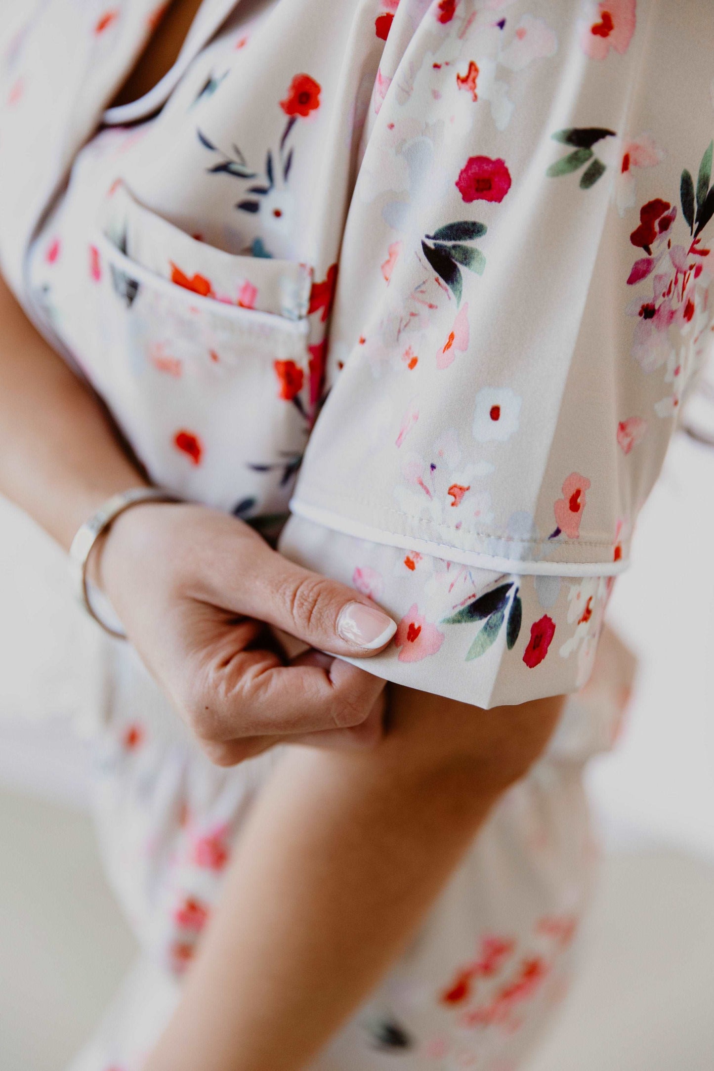 closeup of custom floral pajama piping trims