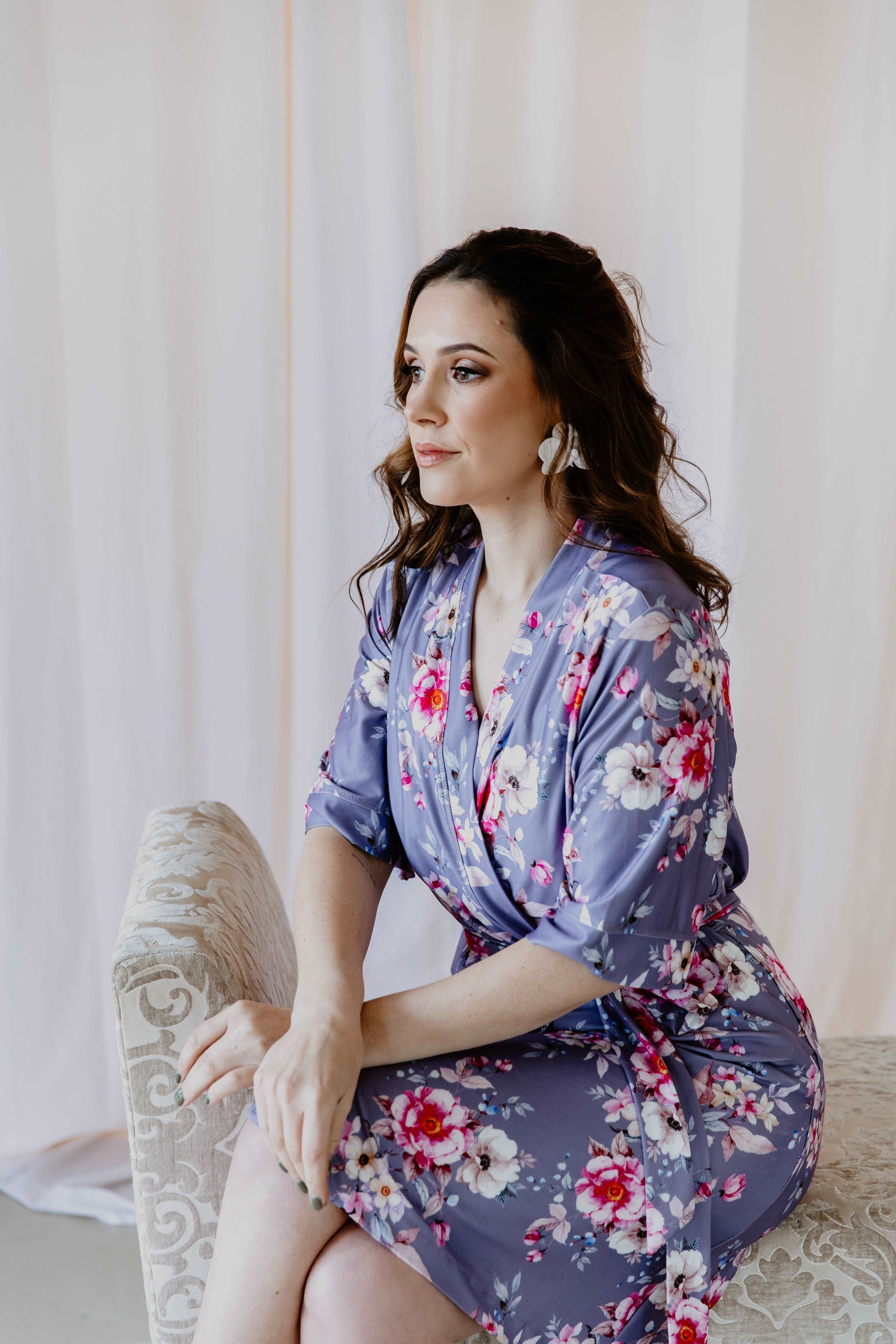 purple and white floral bridesmaid robe